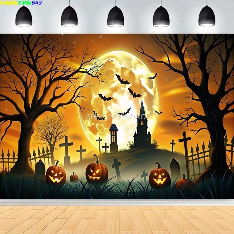 Ghosts Jack-o'-Lantern Halloween Day Photography Backdrops Castle Demon Horror Pumpkins Moon Hallows-Eve Background KB-10