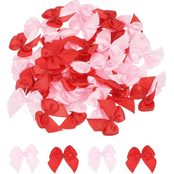 MECCANIXITY 50Pcs Mini Ribbon Bow 1" Mini Fabric Satin Ribbon Flower Bows for Craft DIY Sewing Wedding Birthday Party Pink & Blue