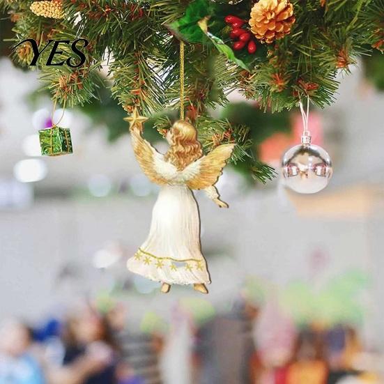 Wooden Angel Ornaments 24 Pcs Victorian Style Hanging Set, Golden Wings & White Dresses, Vintage Pendant Decorations Tree with Various Poses,