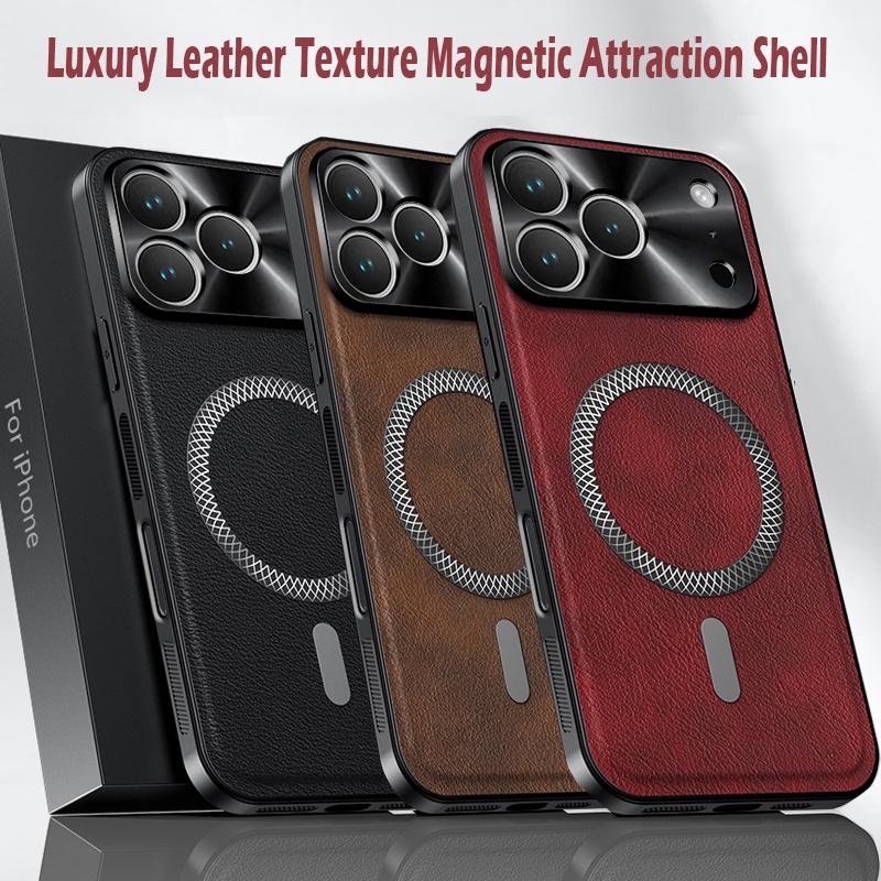 Luxury PU Leather Phone Case For Apple iPhone 17 Pro Max 17 Pro 17 Magsafe Magnetic Metal Ring Lens Protection Shockproof Cover