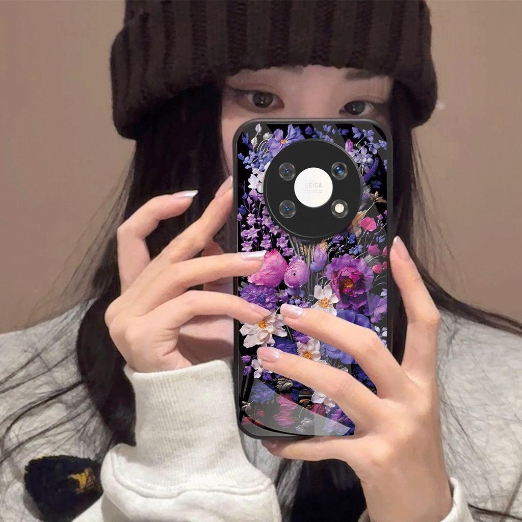 Shockproof Cover for HONOR X9 5G Vintage Oil Painting Purple Floral Phone Case, Glossy Acrylic Back TPU Bumper