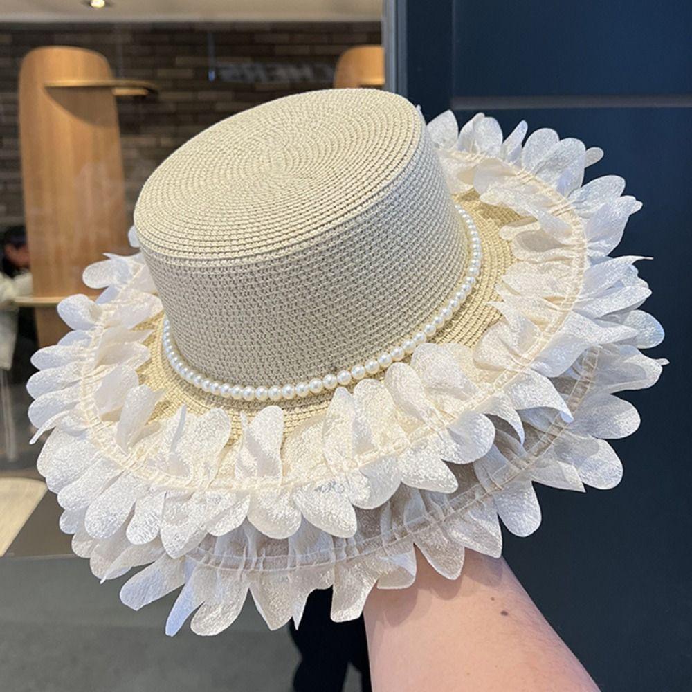Wide Brim Flat Top Hat Petal Lace Summer Hat New Lace Sun Hat for Beach and Daily Wear