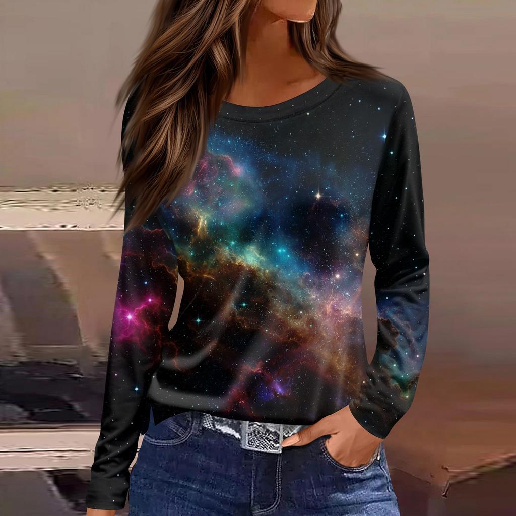 Women's Fashion Casual Slit Hem Round Neck Long Sleeve Loose Printed T-Shirt Ladies Top