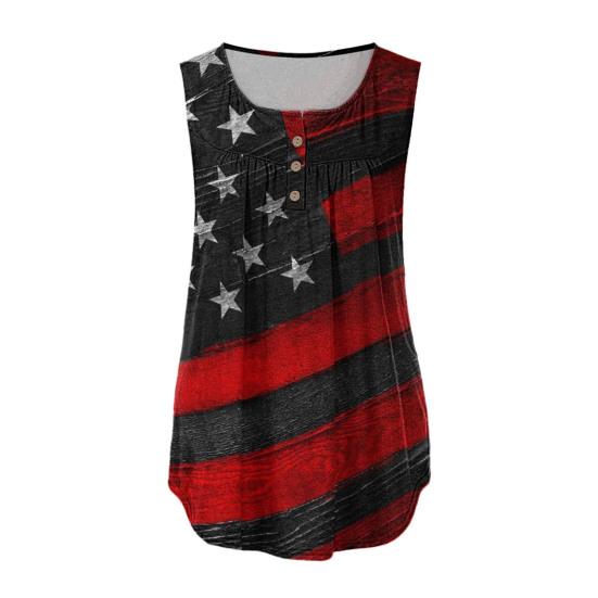 Women Vest Round Neck Buttons Half Placket Sleeveless Tank Tops US Flag Pattern Flowy Hem Camisole Daily Wear