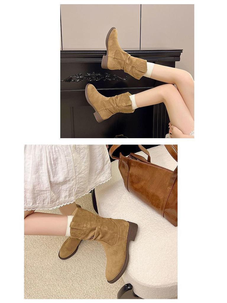 Women's Retro 8cm Height-Boost Mid-Calf Martin Boots - Slim Fit, Pleated Design, Versatile for Autumn/Winter