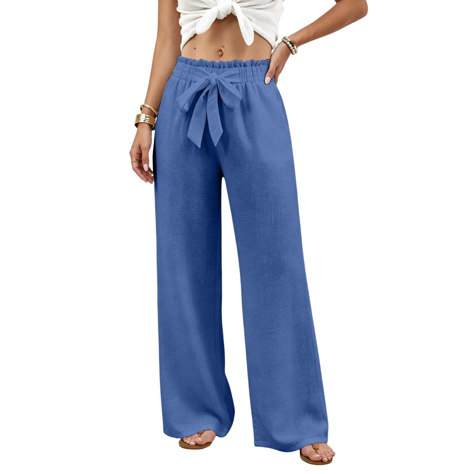 

High Waist Wide Leg Pants for Women with Adjustable Waist Tie and Loose Fit Lightweight Casual Trousers for Daily Wear S синий