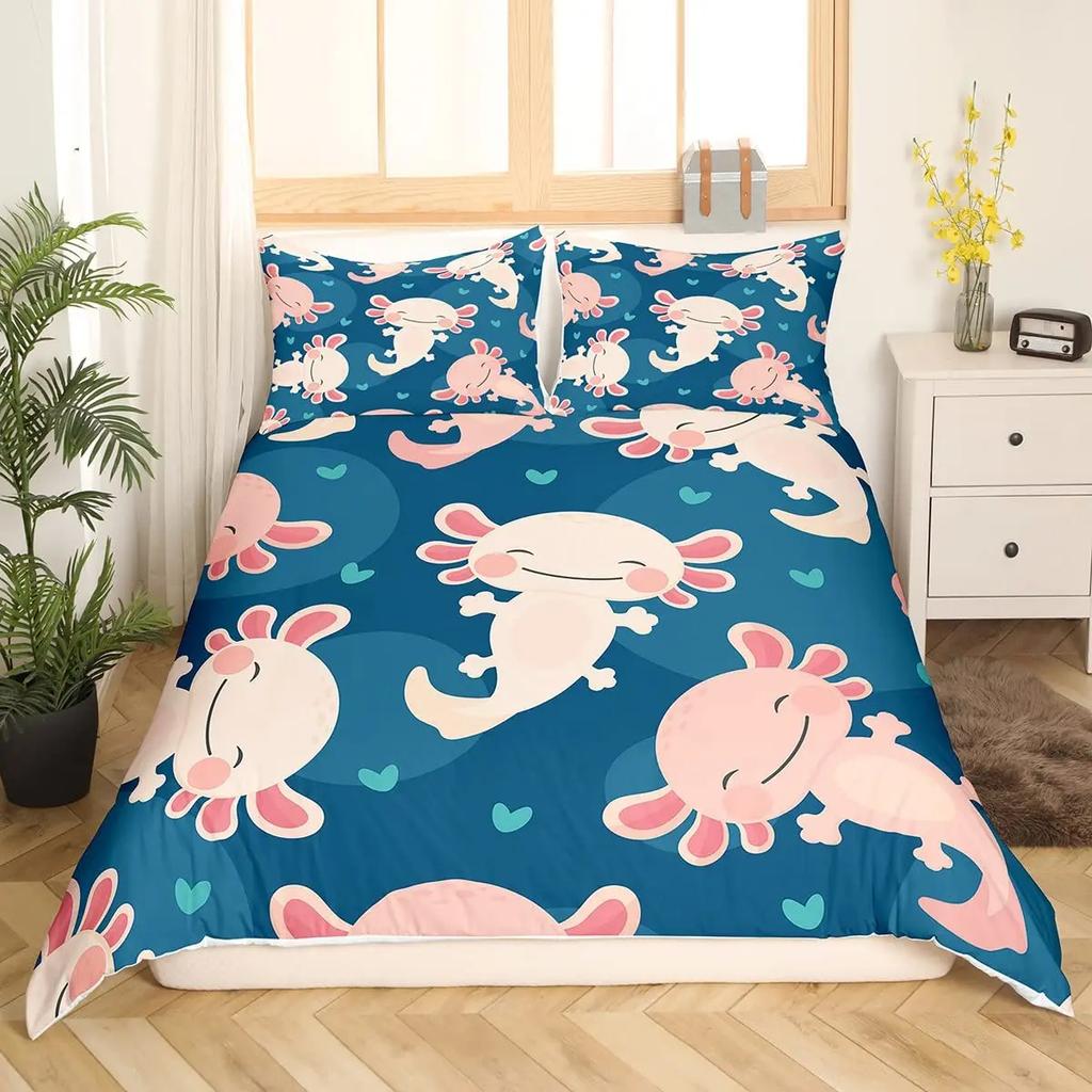 Axolotl Bettbezug Set Rosa Molch Wildtier Bettdeckenbezug mit Kissenbezügen Cartoon Oktopus Tier Kawaii Stil Einzelbett-Bettbezug