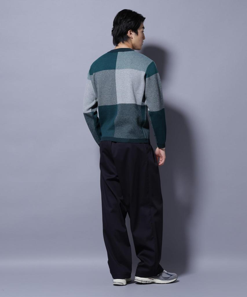 Nano Universe Block Check Crew Neck Size L Men's Knit, (140), Green, 672-5222209