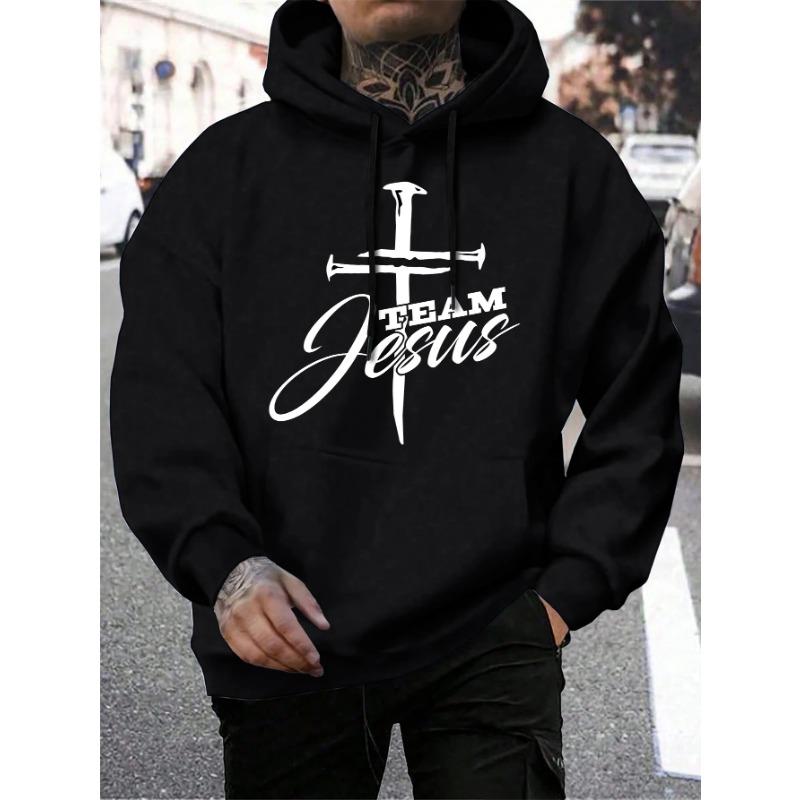 Team Jesus Letter Design Printing Men's Sweatshirt Fashion Warm Hooded Casual Pocket Hoodies Autumn Loose Streetwear