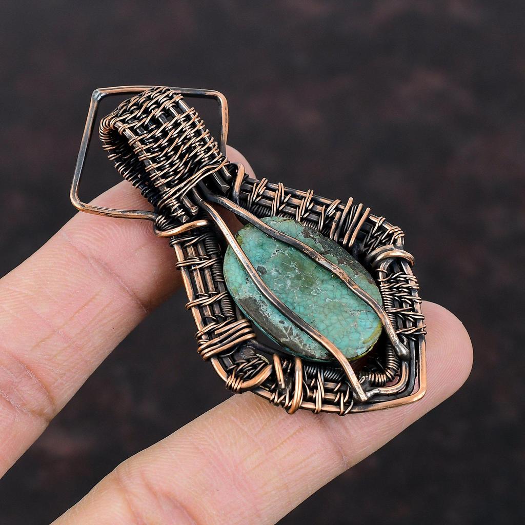 Tibetan Turquoise Pendant Copper Wire Wrapped Pendant Stylish Pendant Handmade Wire Wrapped Jewelry Gemstone Pendant For Gift Copper Jewelry