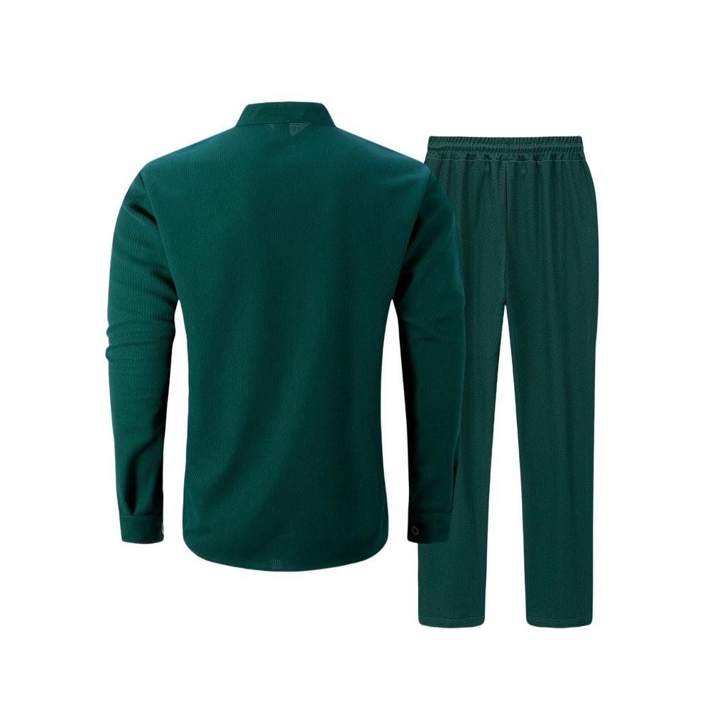 Men's European Autumn Waffle Knit Stand Collar Cardigan & Long Pants Set