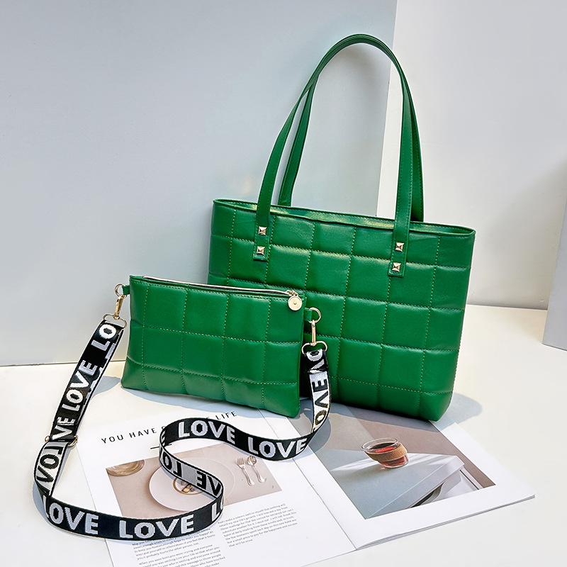 New Plaid Embroidered Tote Bag Casual Women's Bag Two-piece Set Small Square Bag Wide Shoulder Strap Messenger Bag One Piece