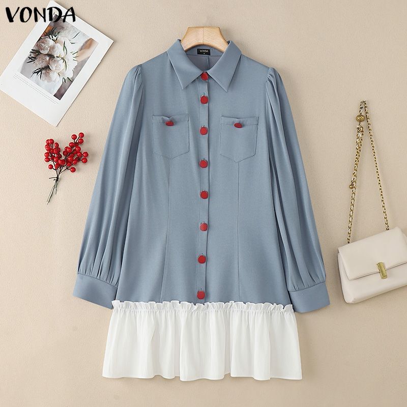 VONDA Women Casual Round Neck Puff Sleeve Patchwork Ruffled Hem Mini Dress