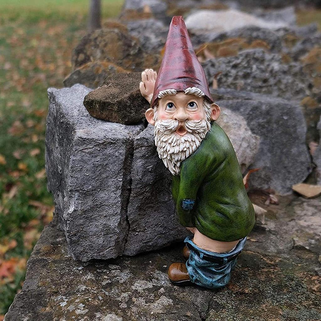Gartenzwerg Statue - Polyresin - Willy der pinkelnde Gartenzwerg für Rasenornamente, Innen- oder Außendekorationen - Rote und grüne lustige Zwerge
