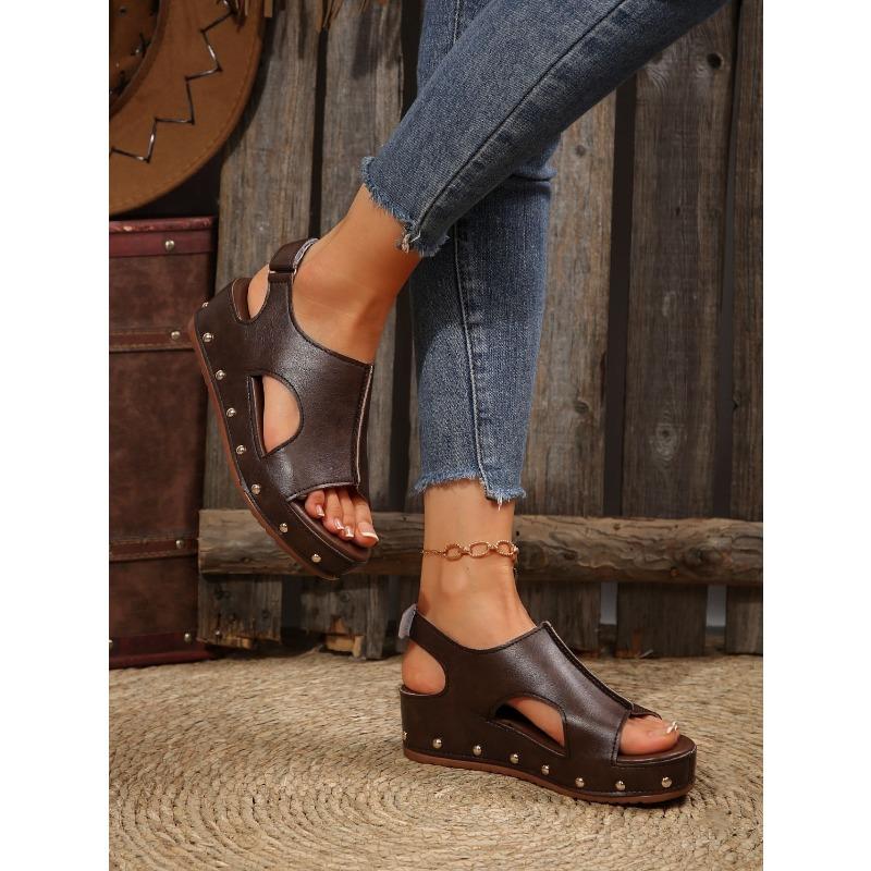 Women's Platform Wedge Sandals, Studded Open Toe Summer Shoes with Velcro Strap, Plus Size Fashion Footwear
