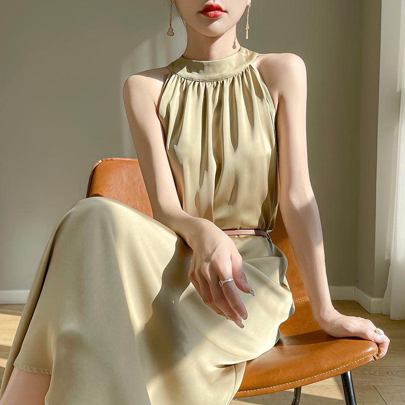 2024 Summer Women's French Retro Acetate Satin Halter Neck Sleeveless Dress