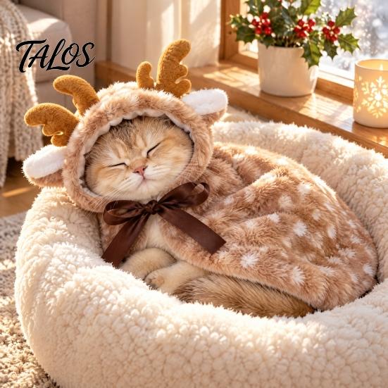 Cozy Pet Cape Christmas Deer Cat Cape, Fuzzy Spotted Puppy Cloak with Antlers, Plush Antler for Dogs Cute Cosplay Cats Small Winter Holiday