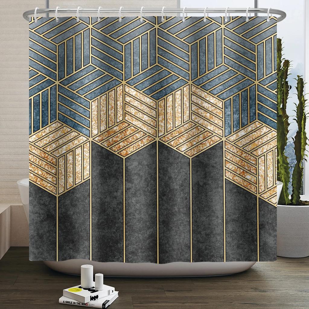 Geometric Shower Curtain Modern Abstract Brown Marble Luxury Gold Bronze Bathtub Screen Waterproof Bathroom Decor