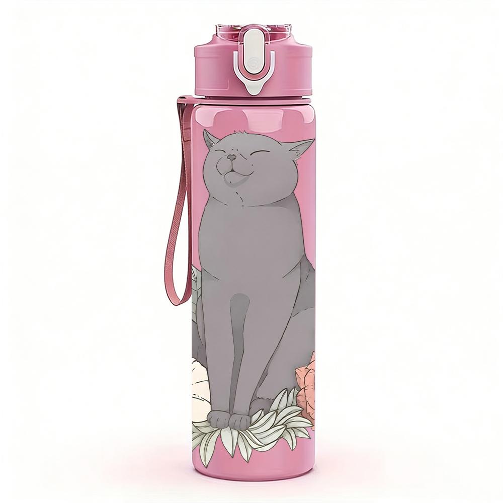 1 Stück Graue Katze Rose Blume Floral Brustkorb 750ml Farbe Kunststoff Wasserflasche Auslaufsicher Klappdeckel mit Strohhalm Für Sport Büro Zuhause