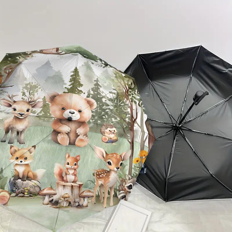 Woodland Animal Friends Automatic Folding Umbrella - Portable 3-Fold Design with Iron Frame, Perfect for Fans, Travelers, Everyday Use, and