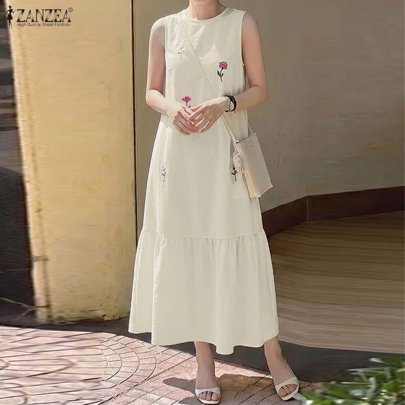 ZANZEA Women Casual Round Neck Loose Floral Embroidery Sleeveless Dress