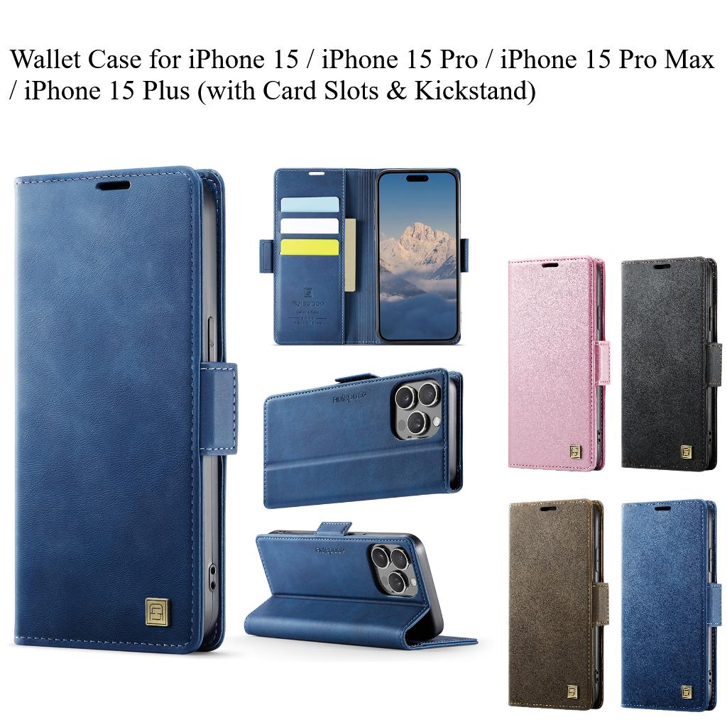 For iPhone 15 /15 Pro / 15 Pro Max / 15 Plus. Wallet Case with Card Slots & Kickstand, 360° Protection Leather Case