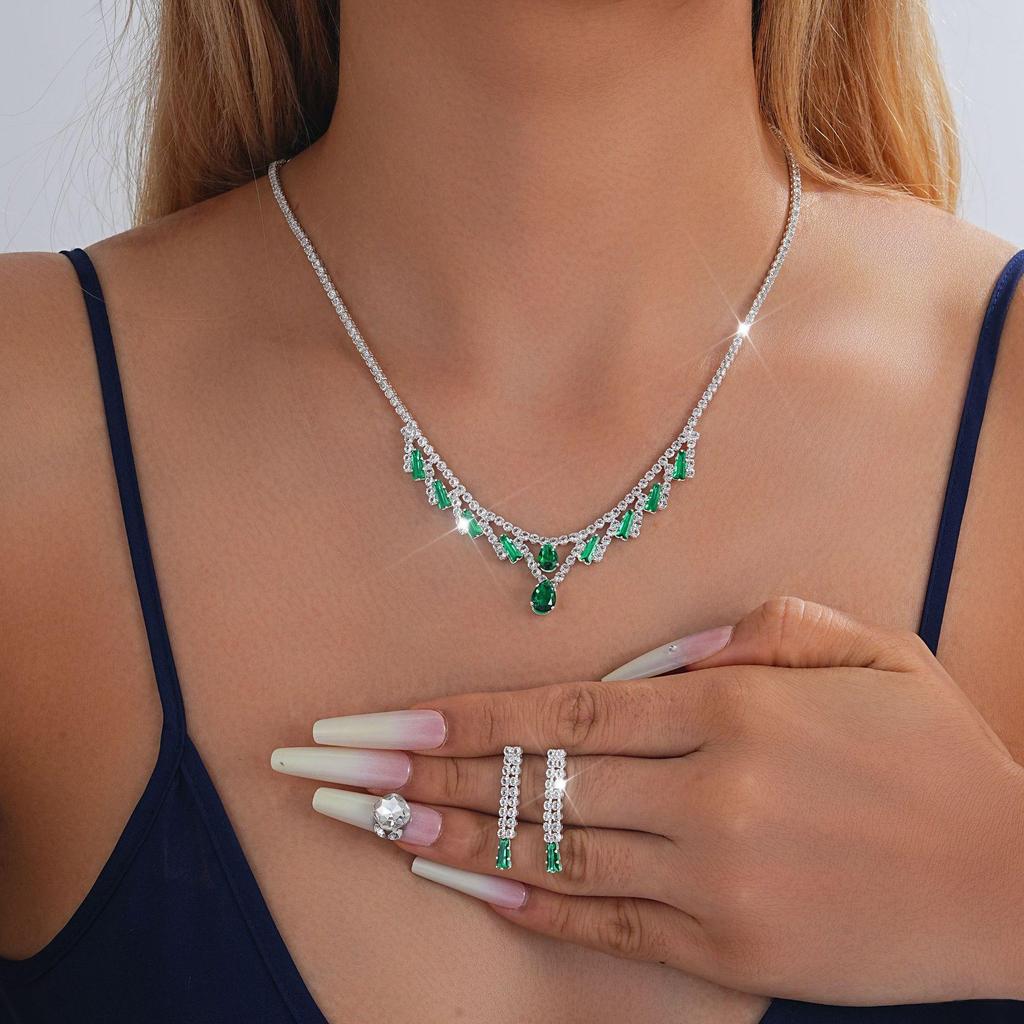 European-American Rhinestone Teardrop Necklace & Earring Set: Korean-Style Bridal Temperament Collarbone Chain Jewelry for Women