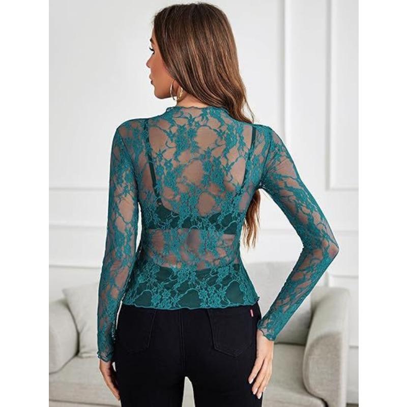New Lace See Through Sexy Mesh Women Blouse Long Sleeve Tops Transparent Floral Shirt Thin Perspective Lace Shirts Spring Summer Sweet Elegant Blouse