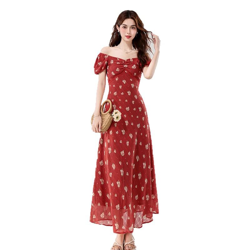 Women’s 2026 Summer Floral Midi Dress - French Waist-Cinched, Lace Trim, Square Neck