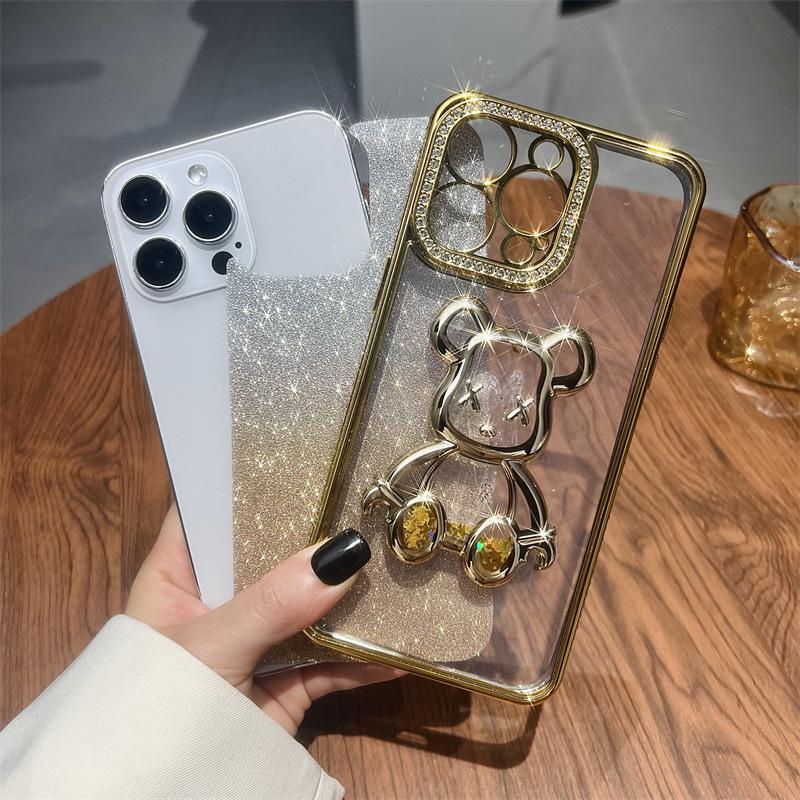 Quicksand glitter electroplating violent bear for iPhone16 mobile phone case 15 rhinestone gradual change 13 Apple 13 transparent case
