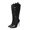 Silver Gold Black Women's Western Boots Cowboy Knee High Boots Stiletto for Wide Calf Pointed Toe 11cm High Heels Shoes