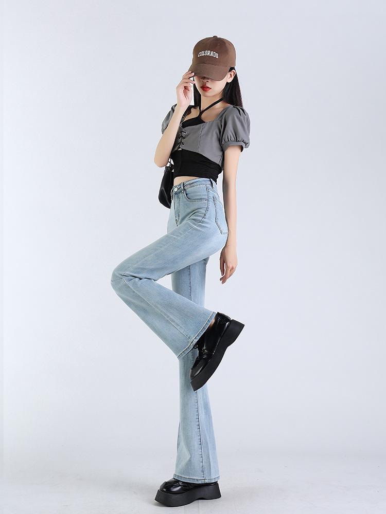 Women's High-Waisted Light Blue Micro-Flared Jeans - 2024 Spring/Autumn Versatile Long Pants.