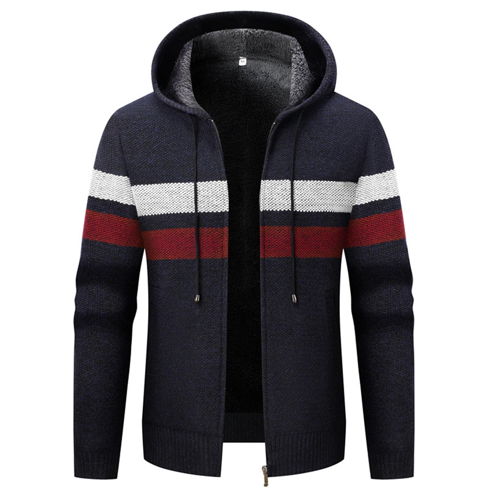 

Мужской кардиган с капюшоном, полосатый, плюшевый, утолщенный, с длинным рукавом, теплый вязаный свитер XXL тёмно-синий
