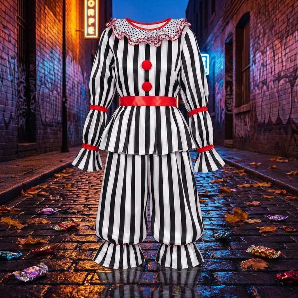 Gestreiftes Clownkostüm mit Rüschenkragen Cosplay Theatralisch
