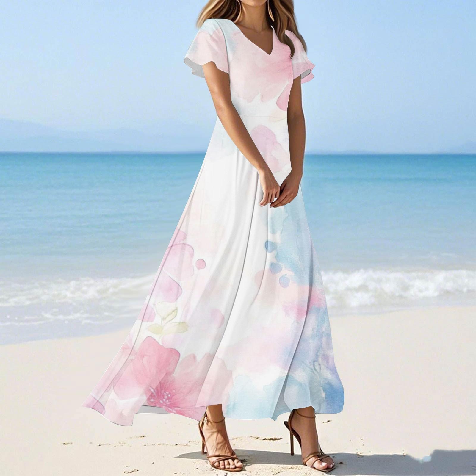 

Жіноча літня повсякденна мода квітковий принт сукня V-подібним вирізом коротка сукня XXL