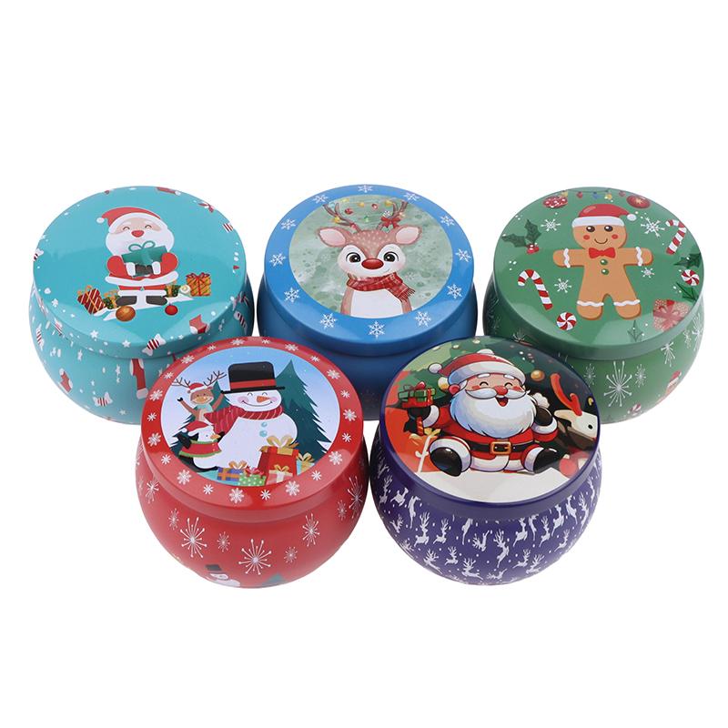 1Pcs Christmas Tinplate Round Candy Tin Can Candle Jars With Lid Candle Container Empty Box Cookie Candy Storage Gift Case