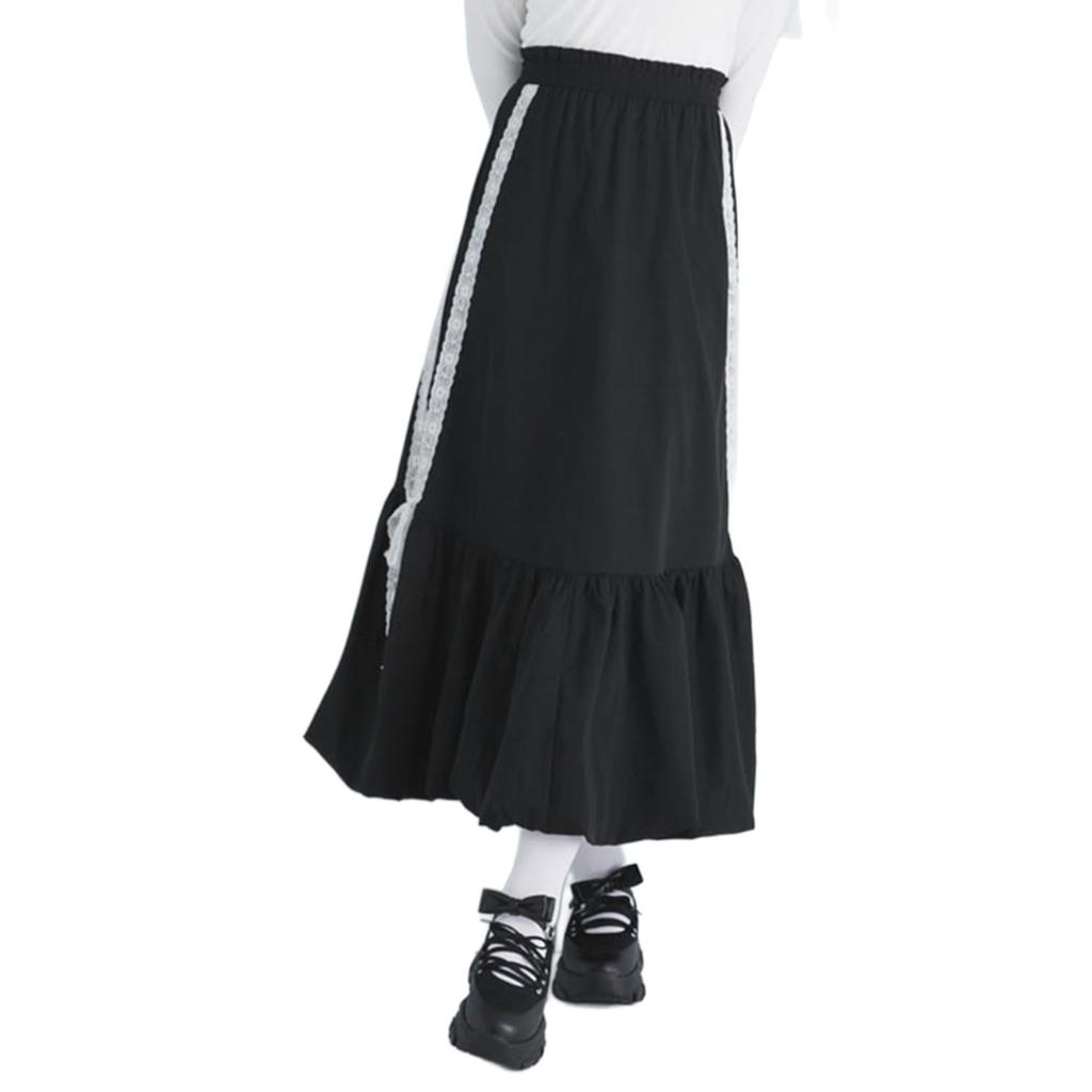 Yume Tembo Skirt, Side Lace Balloon Long Skirt, Black