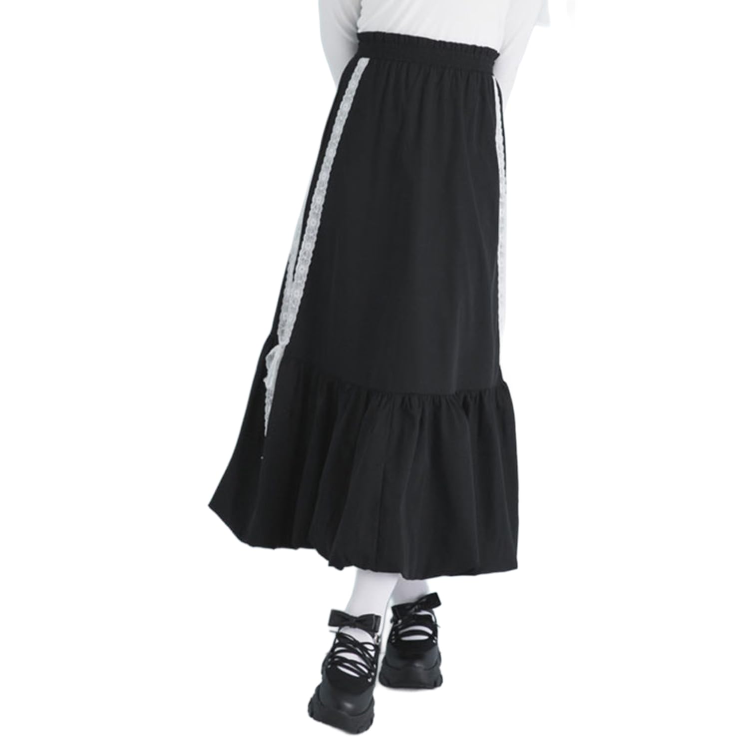 

Yume Tembo Skirt, Side Lace Balloon Long Skirt, Black