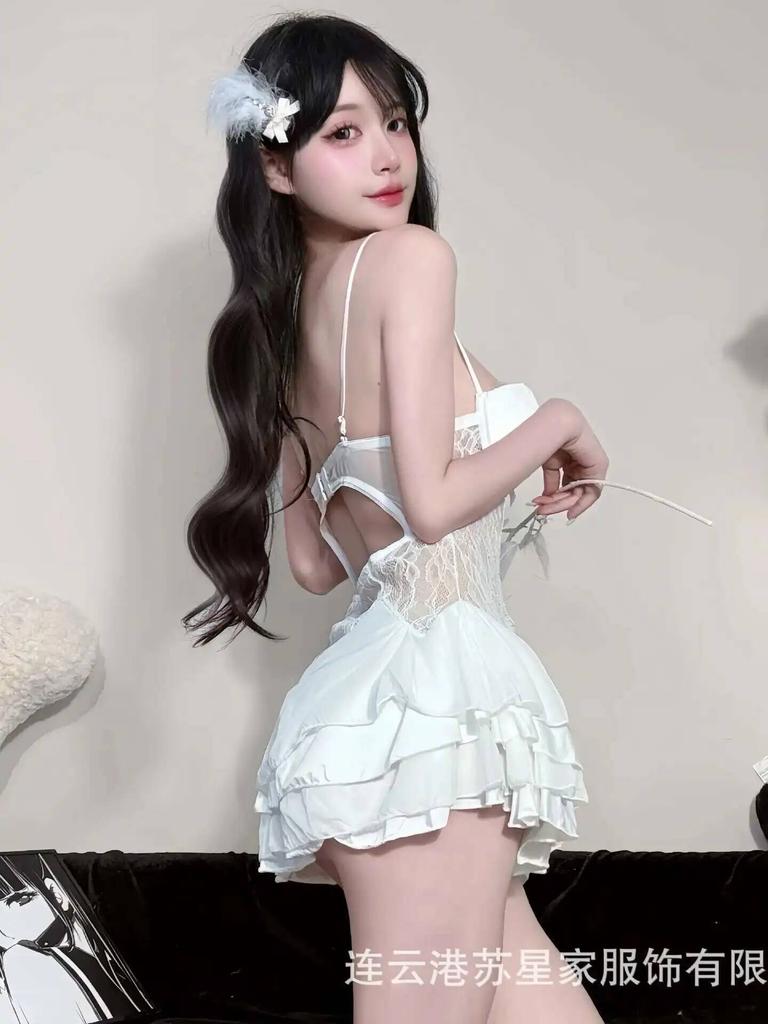 Sexy Lingerie Plus Size Sexy Deep V Lace Transparent Backless Deep V Suspenders Sleeveless Cake Dress Charming Pure Desire U64P