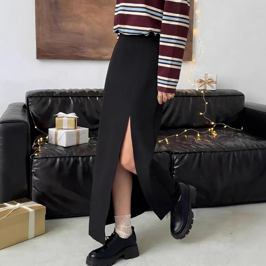 Europe, America, black skirt women's spring and summer, high waist split fork straight hip wrap a word suit dress
