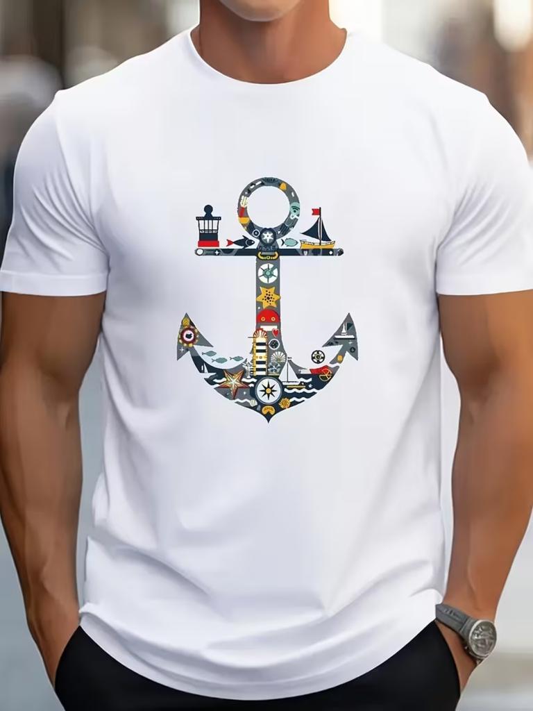 Unisex Collage Nautical Anchor Cotton T Shirt Crew Neck Ocean Marine Print Male Summer Short Sleeve Casual Streetwear Tops
