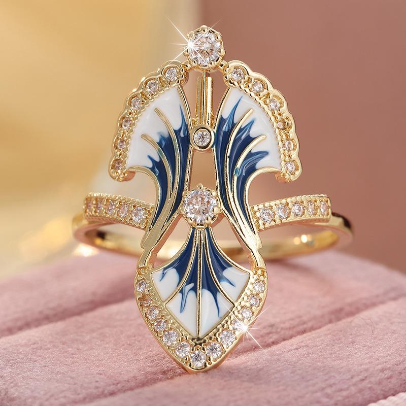Vintage Inlaid White CZ Enamel Women's Ring Ethnic Gold Color Geometry Daily Wear Party Jewelry Anniversary Gift