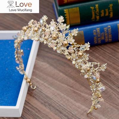 Prächtige Goldfarbene Kristallperlen Brautdiademe Krone Blumen Braut Stirnband Barock Festzug Diadem Hochzeit Haarschmuck