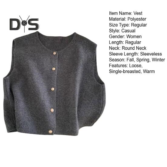 Women Knitted Vest Round Neck Sleeveless Button-down Thick Elastic Pure Color Brushed Texture Loose Sweater Coat for Spring Autumn Winter