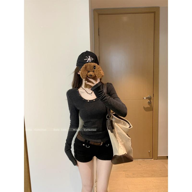 Temperament collar, rivet shirt, long-sleeved women's top, spring slim-fit Spice Girl style fashionable inner bottoming shirt