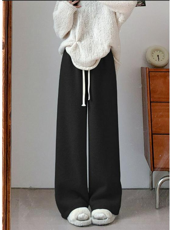 Women's Autumn/Winter Pink Velvet Wide-Leg High-Waist Pants - Thickened for Warmth and Comfort