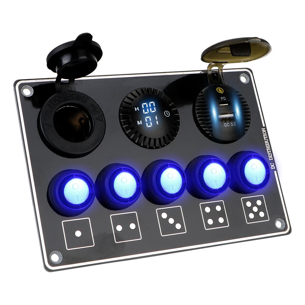 12/24V LED Voltage Display 5 Gang For RV Car Marine PD USB QC3.0 Quick Charge Car Accessories Waterproof Car Switch Panel