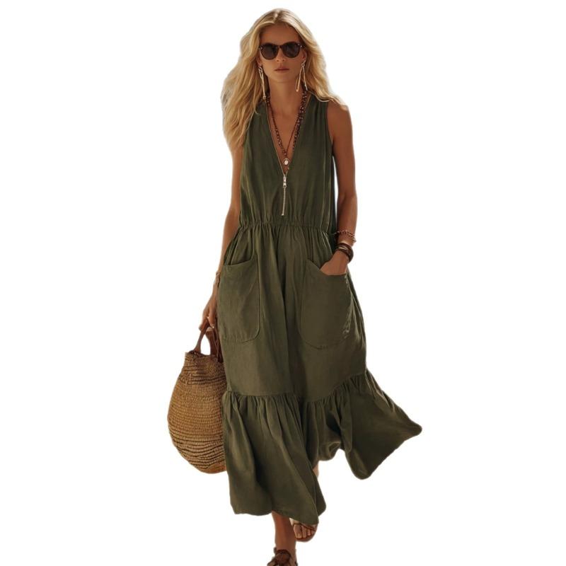 V-Ausschnitt Ärmelloses A-Linien-Langes Kleid Mit Taschen Vintage Strandurlaub