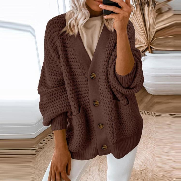 Damski sweter kardigan z grubej dzianiny na co dzień z długim rękawem zapinany z przodu jednolity kolor moda