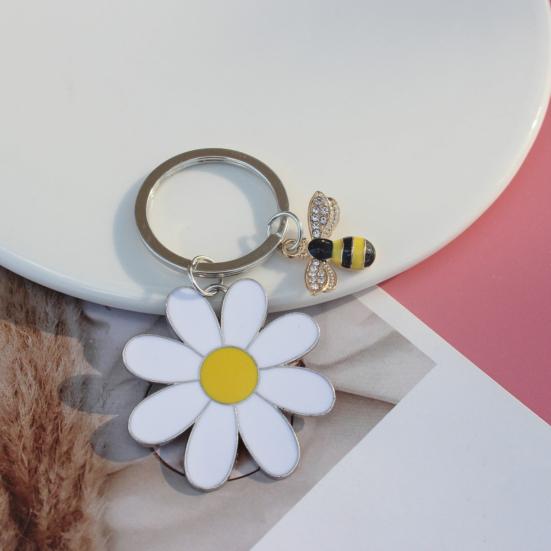 Women Girls Keychain Flower Bee Charm Keyring Shiny Rhinestones Inlaid Small Size Keychain Handbag Accessories